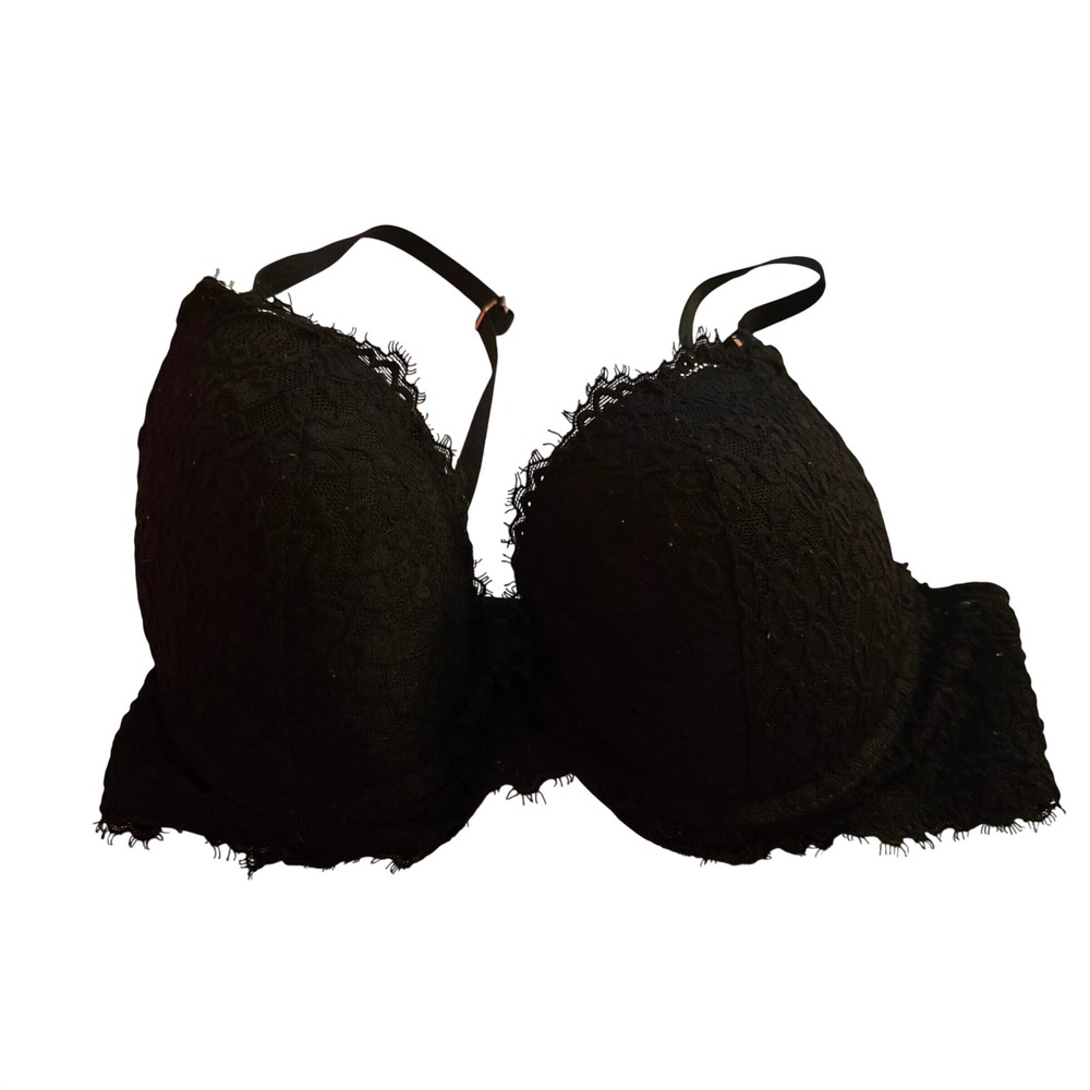 Aerie‎ Black Eyelash Lace Push Up Bra Underwire Padded 32DD Floral Intimates